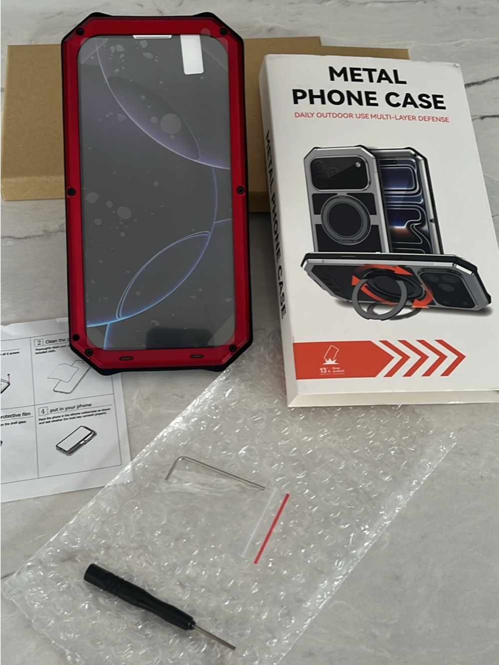 Metal Phone Case with Red Frame and Built-In Screen Protector